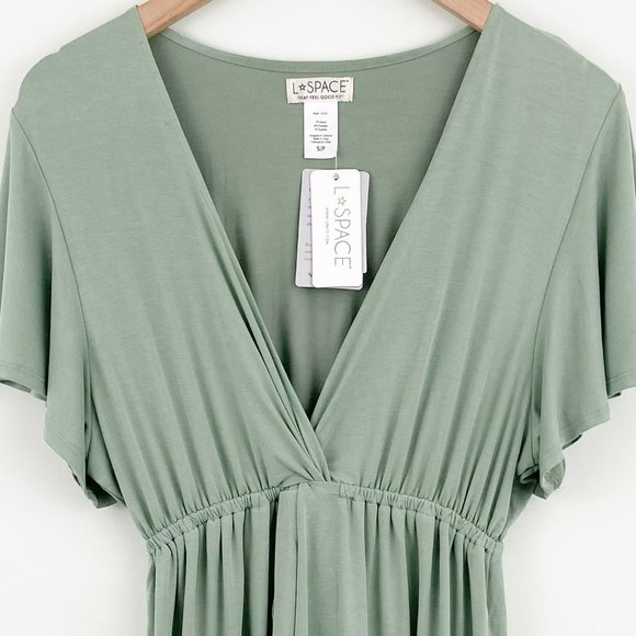 🌺SOLD🌺 L*Space | Lana Flowy Short Sleeve V-Neck Cover Up Mini Dress Olive - Picture 6 of 9